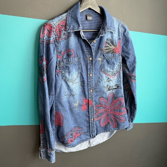 Desigual Blue Denim Shirt with Red Embroidery - Picture 2 of 10